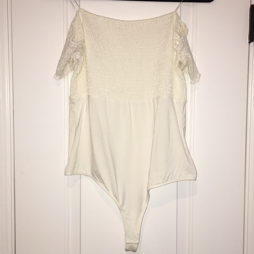 Ivory smocked off the shoulder body suit